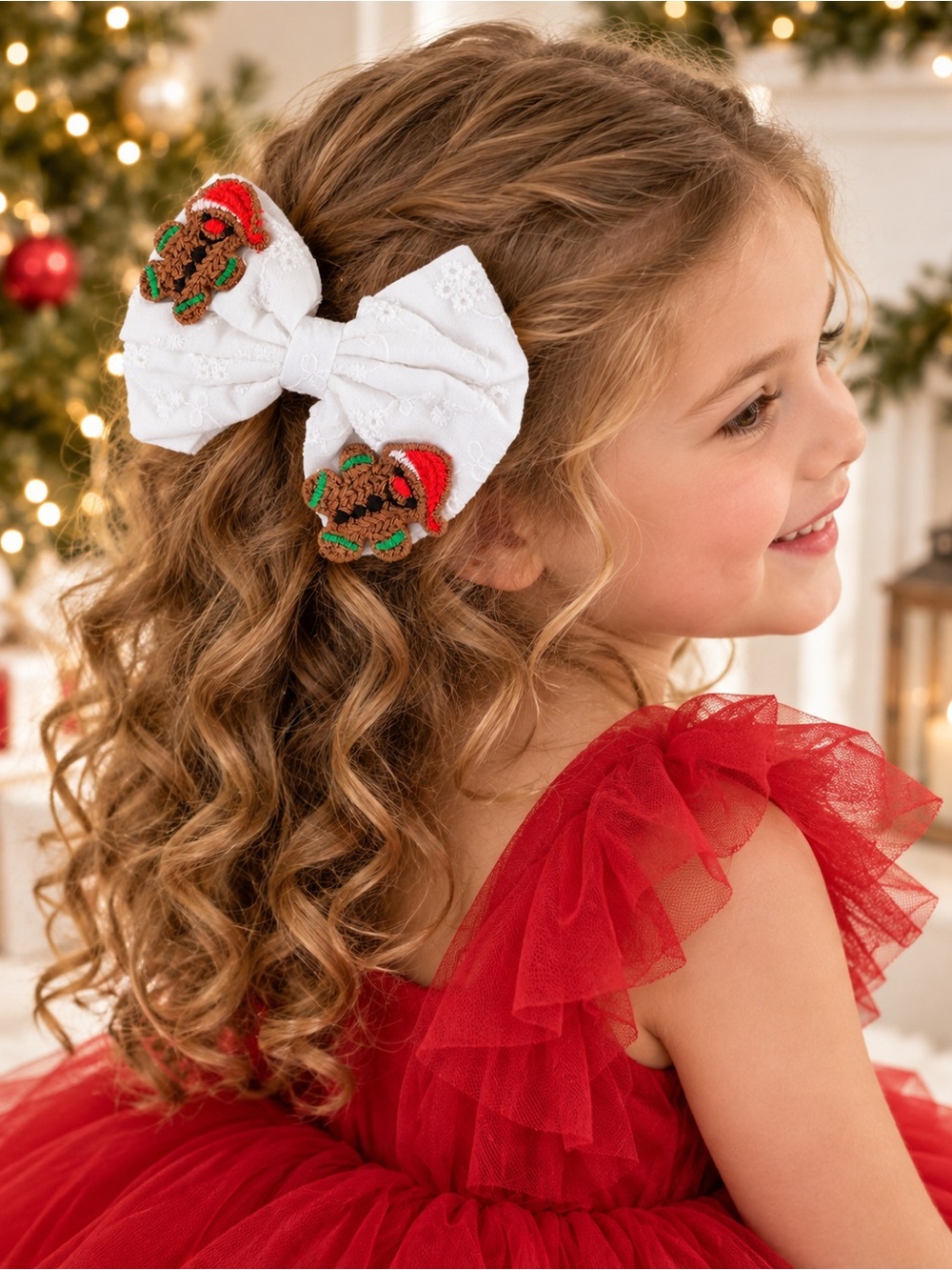 Girls White Gingerbread Christmas Hair Bow Clip